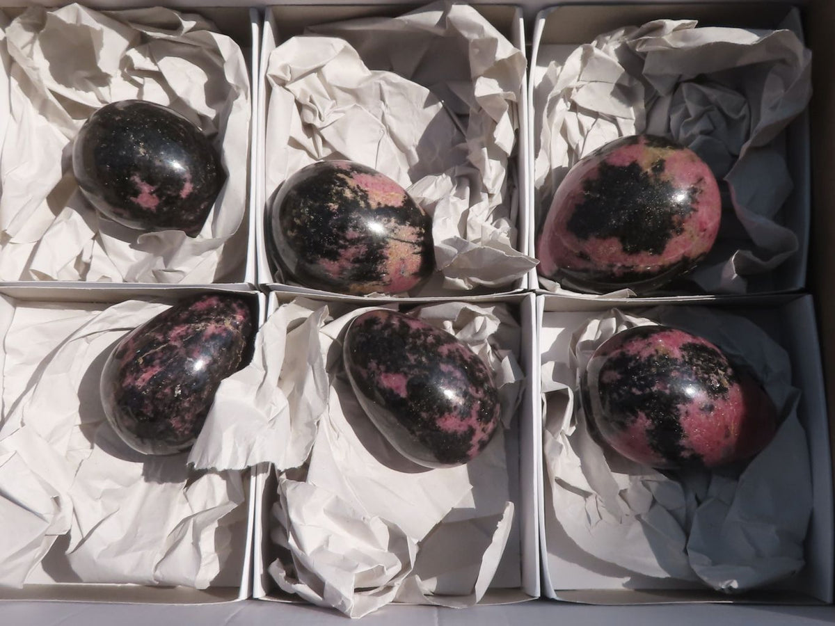 Polished Pink & Black Rhodonite Eggs x 6 From Ambindavato, Madagascar - TopRock