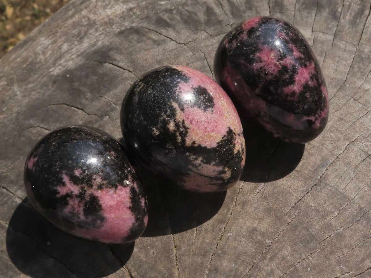 Polished Pink & Black Rhodonite Eggs x 6 From Ambindavato, Madagascar - TopRock