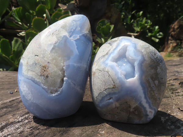 Polished Blue Lace Agate Standing Free Forms With Nice Crystalline Geode Vugs x 6 From Malawi - TopRock
