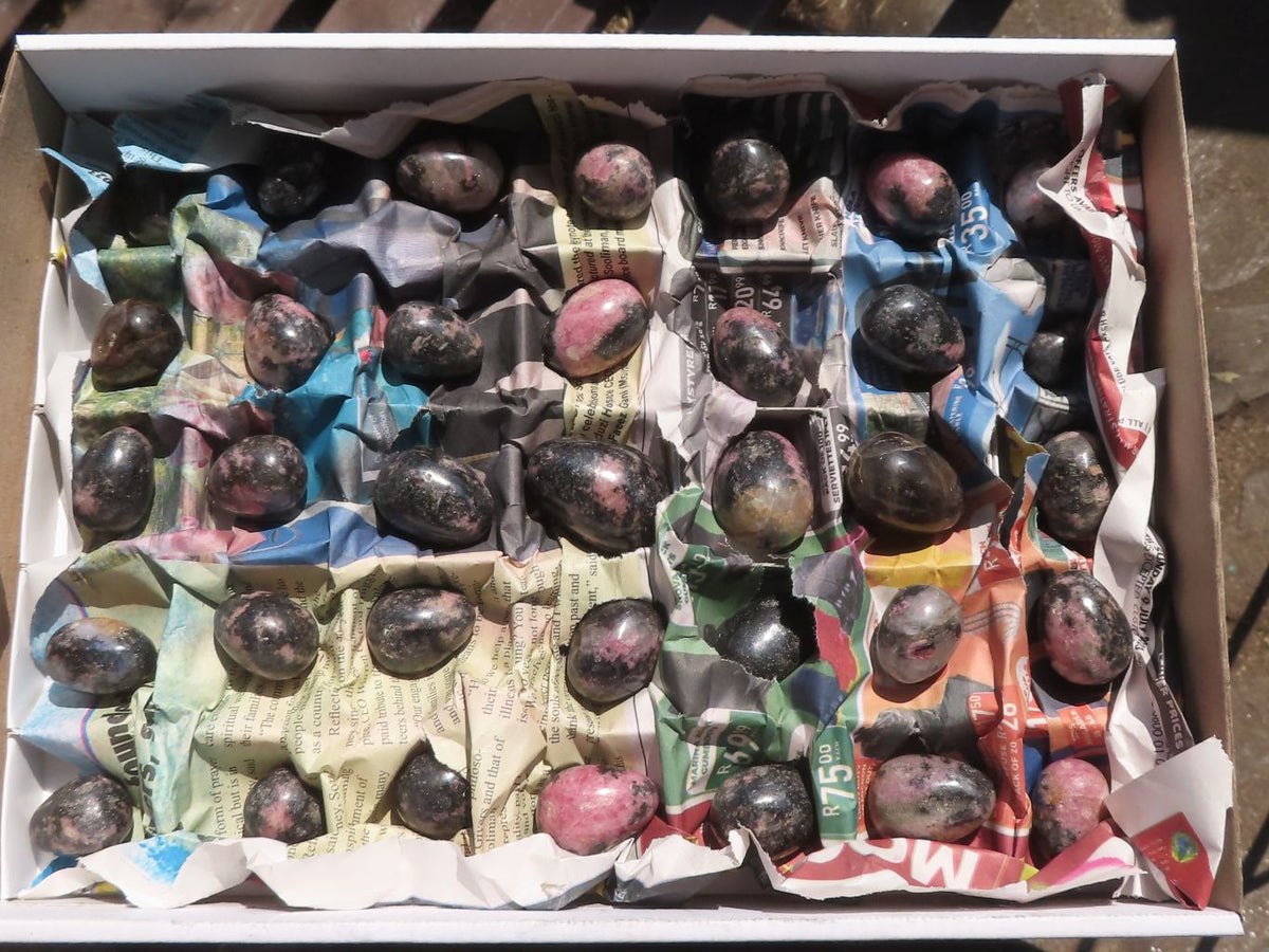 Polished Mini Pink & Black Rhodonite Eggs x 35 From Ambindavato, Madagascar - TopRock