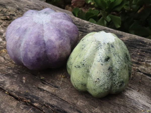Polished Leopard Stone & Lepidolite Pumpkin Carvings  x 2 From Zimbabwe - TopRock