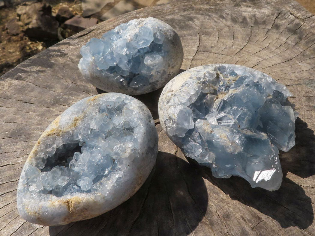 Polished Blue Crystalline Celestite Crystal Eggs x 3 From Sakoany, Madagascar - TopRock