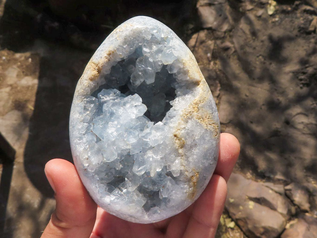 Polished Blue Crystalline Celestite Crystal Eggs x 3 From Sakoany, Madagascar - TopRock
