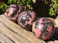 Polished Pink & Black Rhodonite Spheres x 3 From Madagascar - Toprock Gemstones and Minerals