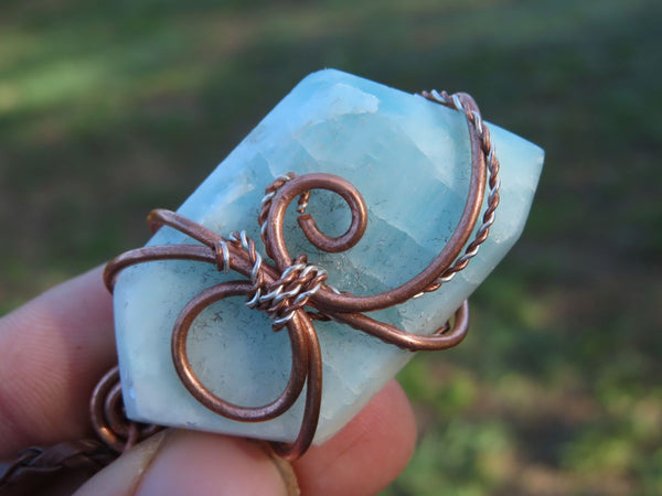 Polished Blue Smithsonite Aragonite Pendants Wrapped In Copper & Metal Wire (One With Ajoite) x 7 From Southern Africa - TopRock