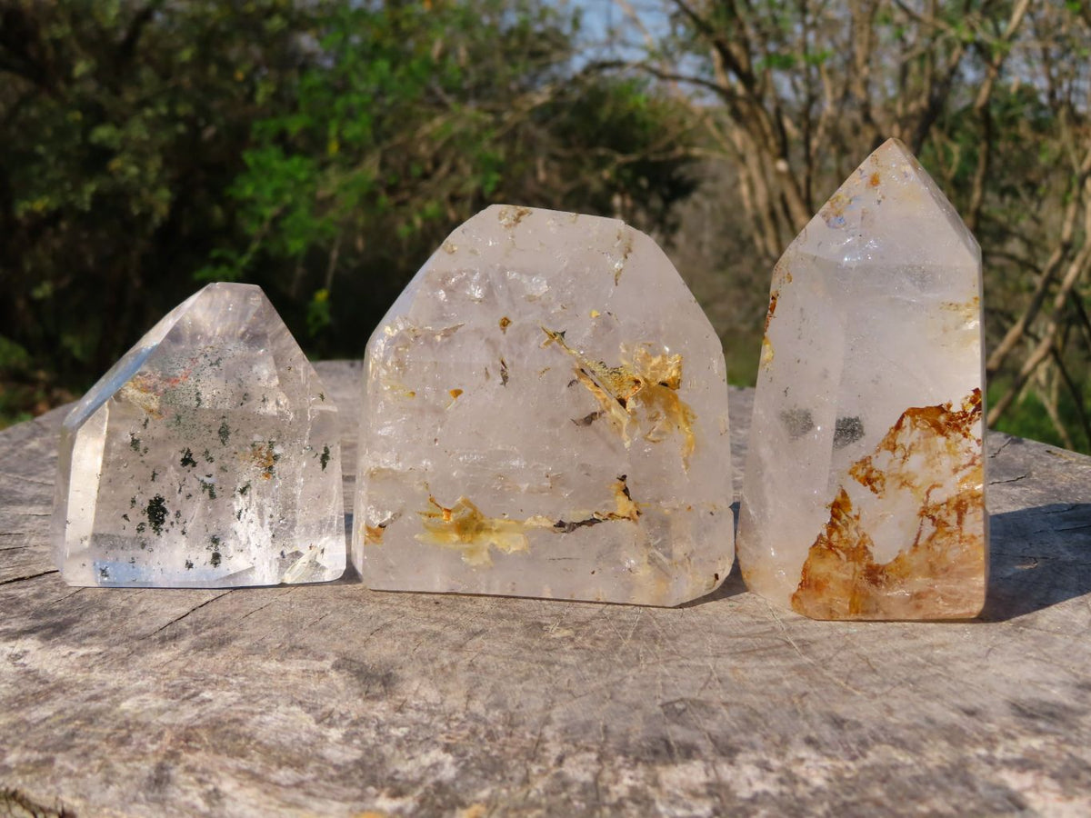 Polished Clear Quartz Crystal Points With Actinolite Moss x 3 From Madagascar - TopRock