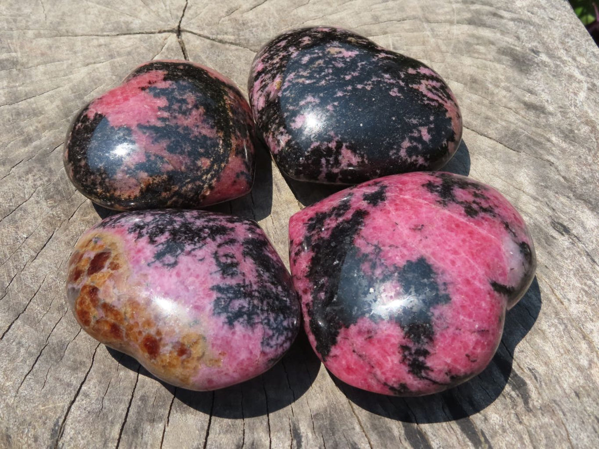 Polished Red Rhodonite & Black Chromite Hearts x 4 From Ambindavato, Madagascar - TopRock