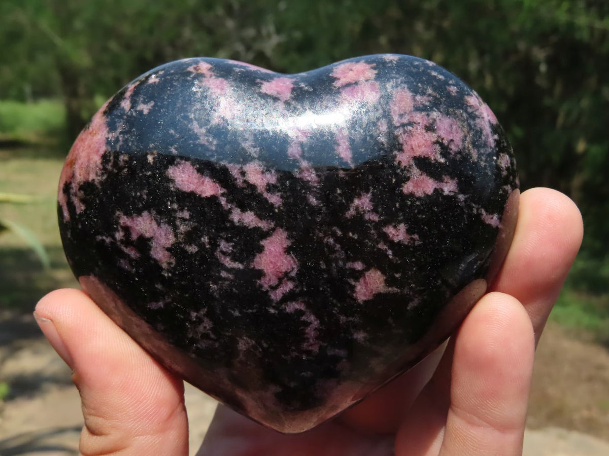 Polished Red Rhodonite & Black Chromite Hearts x 4 From Ambindavato, Madagascar - TopRock