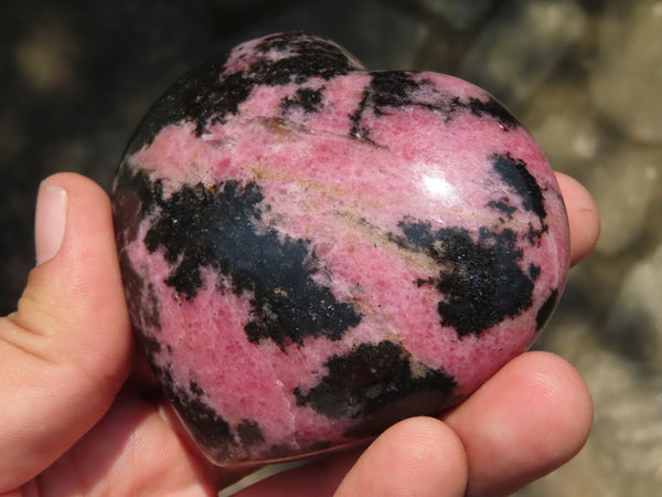 Polished Red Rhodonite & Black Chromite Hearts x 6 From Ambindavato, Madagascar - TopRock