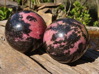 Polished  Pink & Black Rhodonite Spheres x 2 From Madagascar - Toprock Gemstones and Minerals