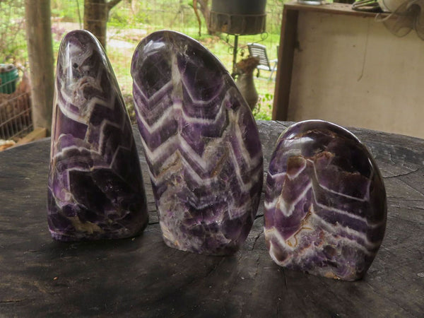 Polished Stunning Banded Chevron Amethyst Standing Free Forms  x 3 From Madagascar - TopRock