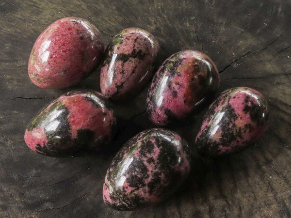 Polished Pink & Black Rhodonite Eggs  x 6 From Ambindavato, Madagascar - TopRock