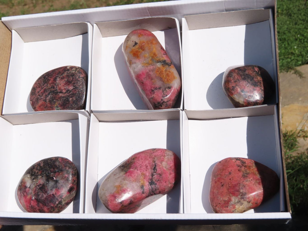 Polished Pink & Black Rhodonite Gallets/Free Forms x 6 From Rushinga, Zimbabwe - TopRock