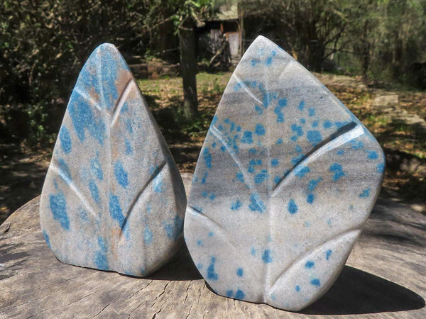 Polished Blue Spotted Spinel Quartz Standing Leaf Sculptures x 2 From Madagascar - TopRock