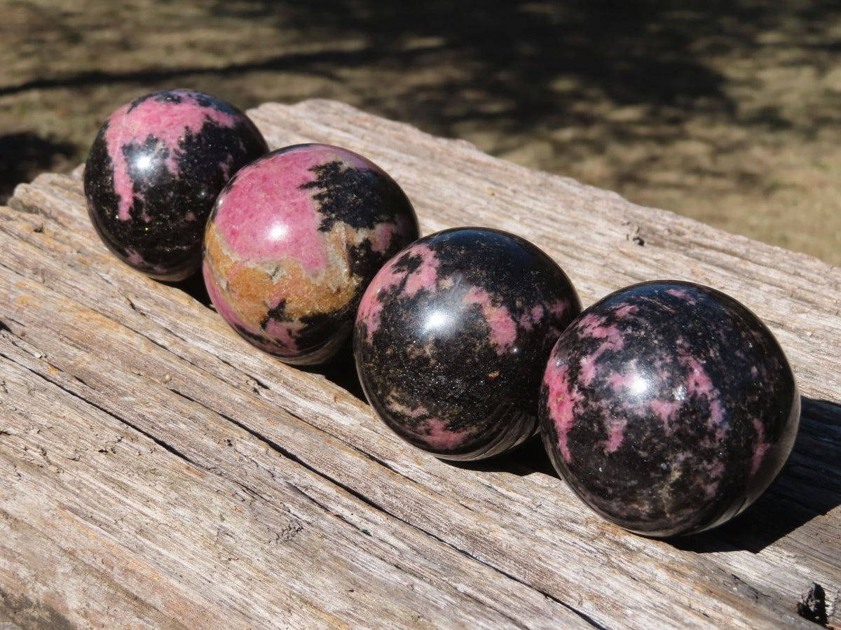 Polished Pink & Black Rhodonite Spheres x 4 From Madagascar - TopRock