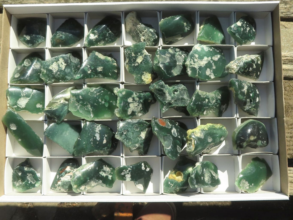 Polished Green Mtorolite Chrome / Emerald Chrysoprase Slices x 35 From Mutorashanga, Zimbabwe - TopRock