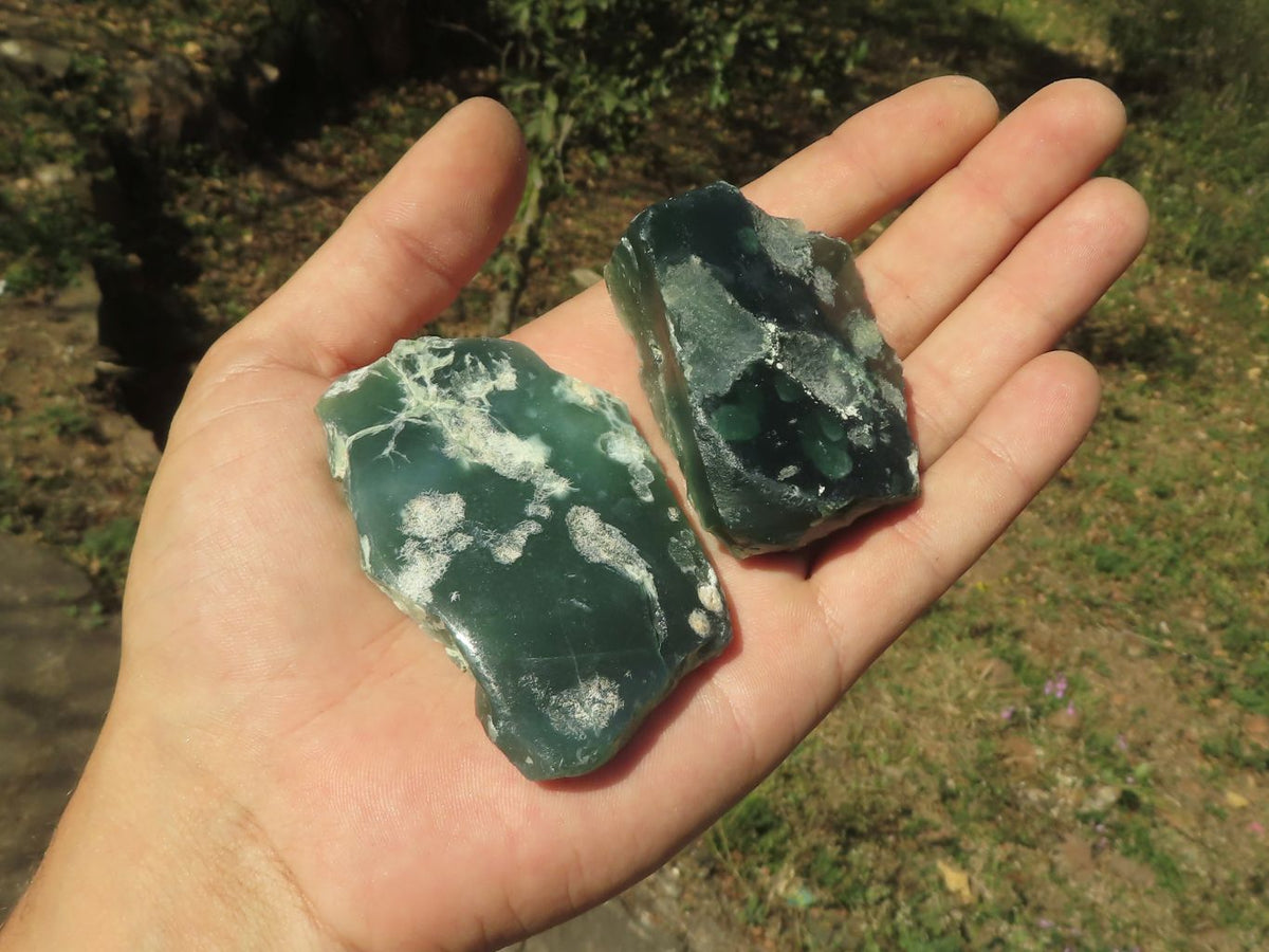 Polished Green Mtorolite Chrome / Emerald Chrysoprase Slices x 35 From Mutorashanga, Zimbabwe - TopRock