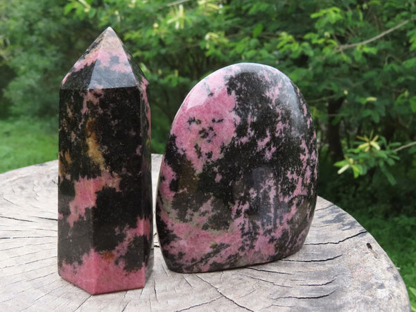 Polished Rhodonite Crystal Point & Standing Free Form x 2 From Ambindavato, Madagascar - TopRock