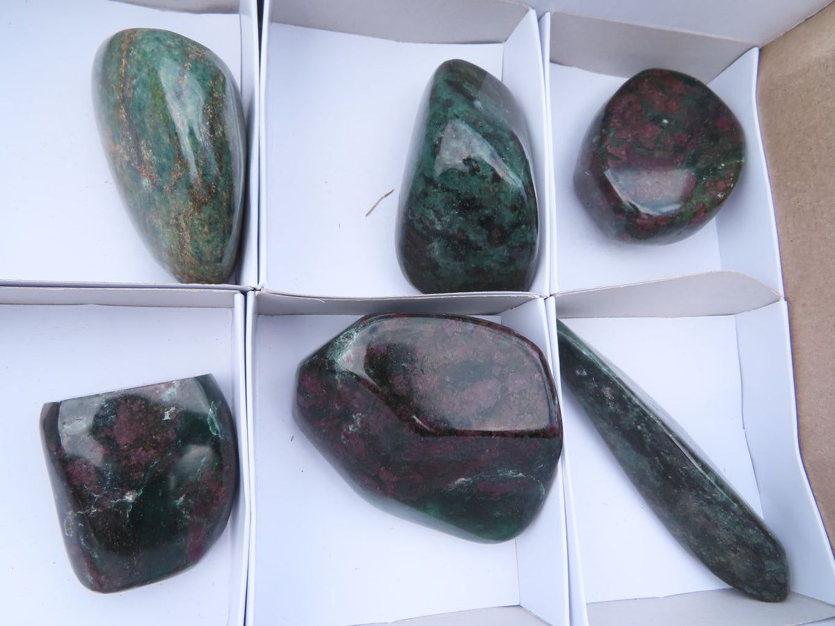 Polished Rare Fluorescent Ruby Corundum In Chrome Verdite Free Forms x 6 From Zimbabwe - TopRock
