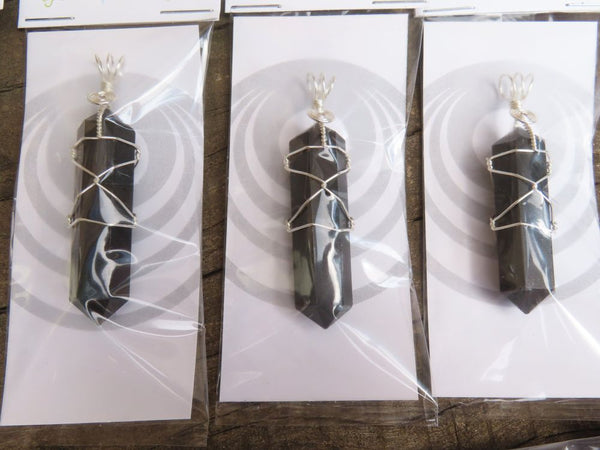 Polished Double Terminated Black Tourmaline with Silver Wire Wrapped Pendant  - sold per piece - From South Africa - TopRock