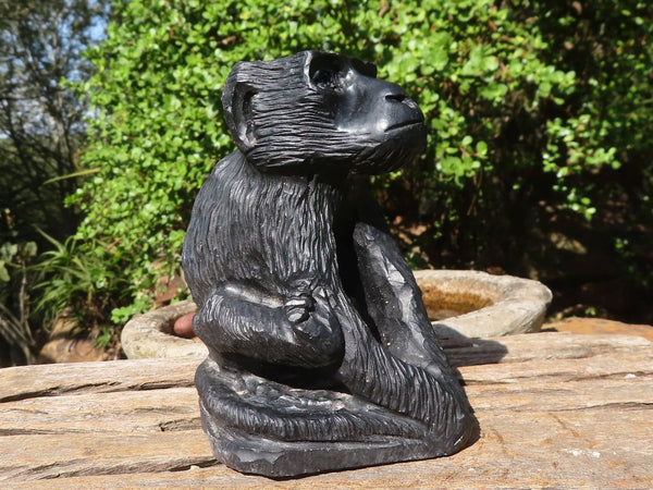 Polished Groovy Black Soap Stone Baboon Carving  x 1 From Zimbabwe