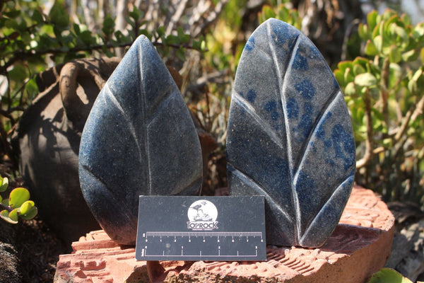 Polished Small Blue Spinel Quartz Standing Leaf Sculptures x 2 From Madagascar - TopRock