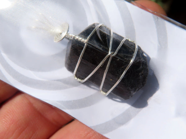 Natural Black Schorl Tourmaline Double Terminated Crystals with Silver Wire Wrapped Pendant  - sold per piece - From South Africa - TopRock