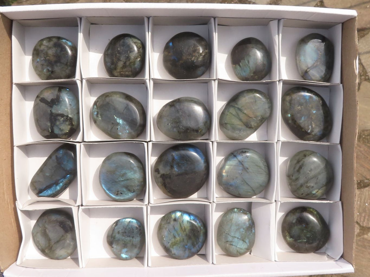 Polished Flashy Blue & Gold Labradorite Palm Stones x 20 From Tulear, Madagascar - TopRock