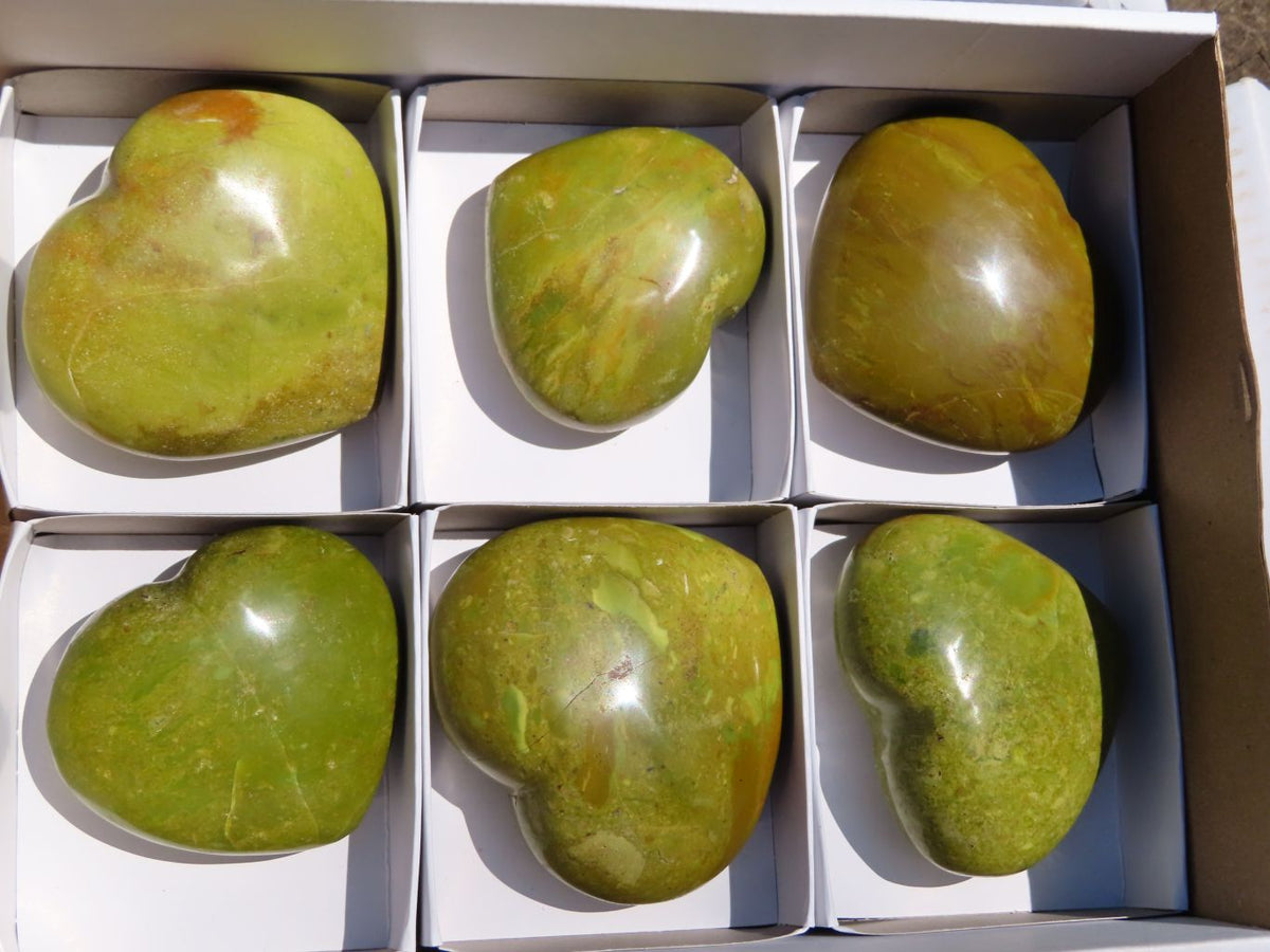 Polished Rich Darker Green Opal Hearts x 6 From Madagascar - TopRock