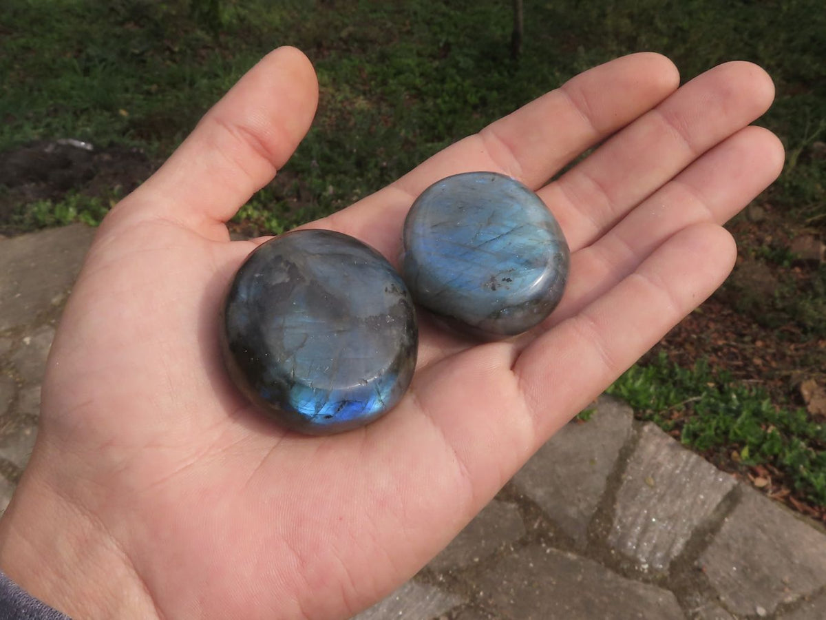 Polished Flashy Blue & Gold Labradorite Palm Stones x 20 From Tulear, Madagascar - TopRock