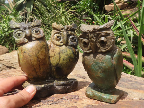 Polished Verdite & Leopard stone Owl Carvings  x 2 From Zimbabwe - TopRock