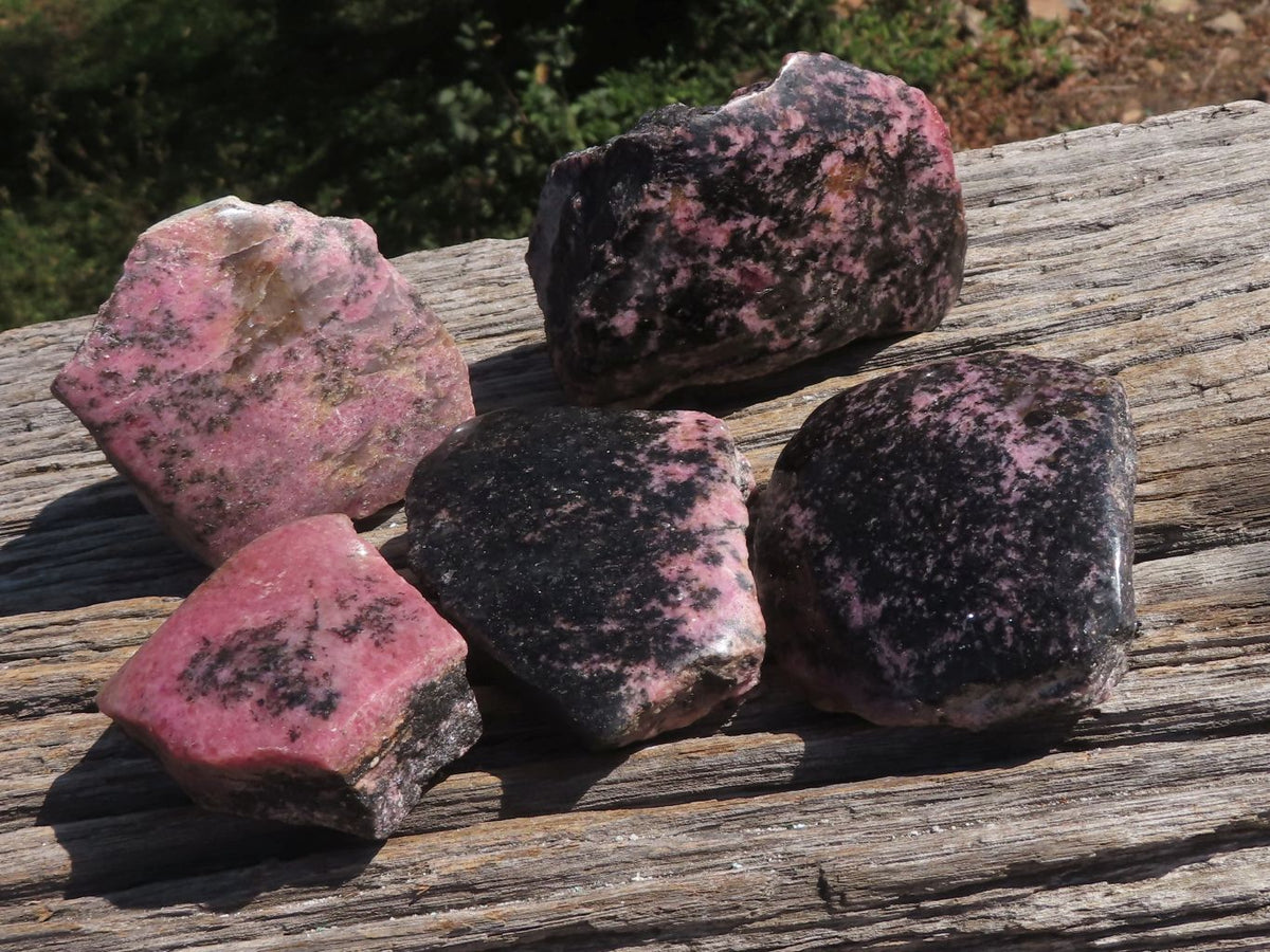 Polished Half Polished Pink & Black Rhodonite Pieces x 5 From Ambindavato, Madagascar - TopRock