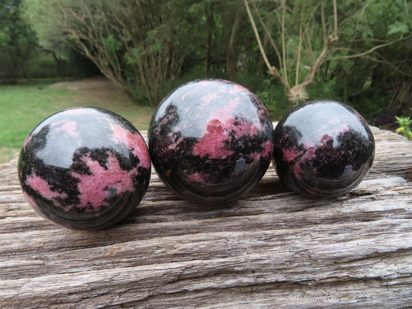 Polished Pink & Black Rhodonite Spheres x 3 From Madagascar - TopRock