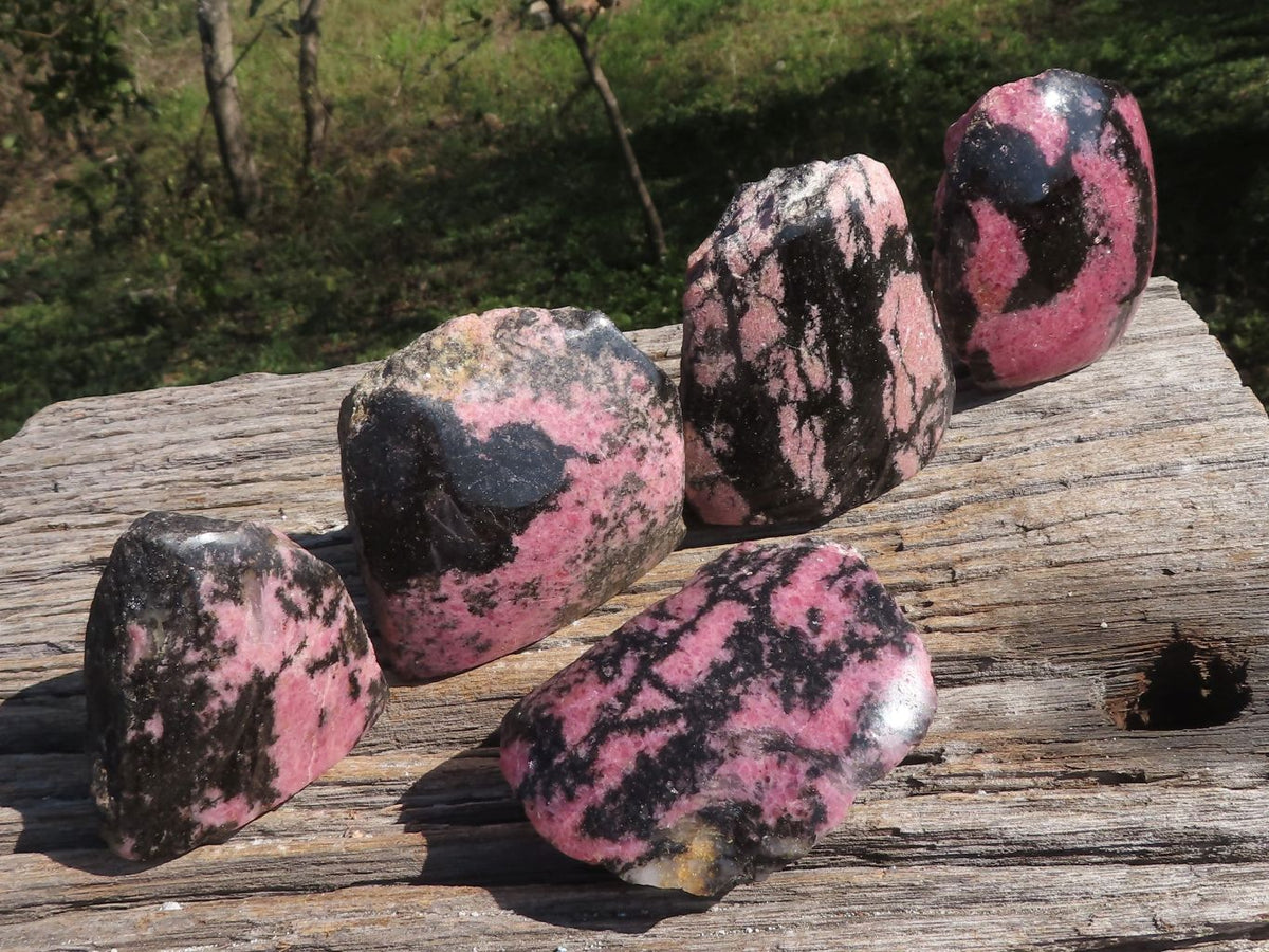 Polished Half Polished Pink & Black Rhodonite Pieces x 4 From Ambindavato, Madagascar - TopRock