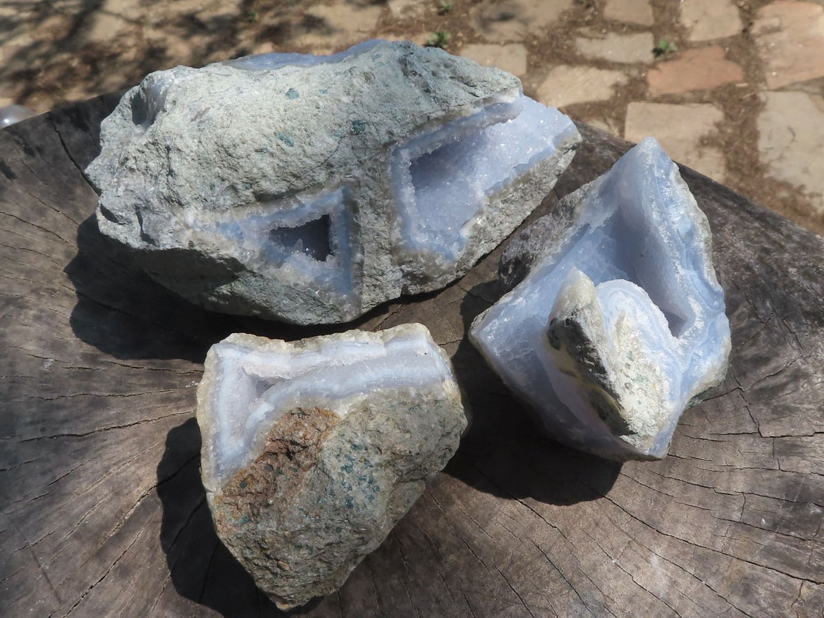 Natural Blue Lace Agate Geode Specimens x 3 From Nsanje, Malawi - TopRock