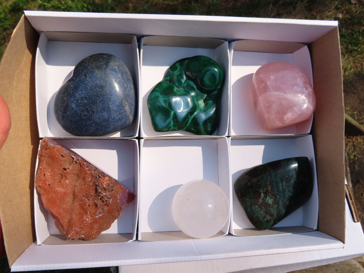 Polished Rose Quartz Standing Free Form, Malachite, Quartz Crystal Sphere, Cupro Zoisite Free Form, Lazulite Heart & Red Sashe River Agate x 6 From Southern Africa - TopRock