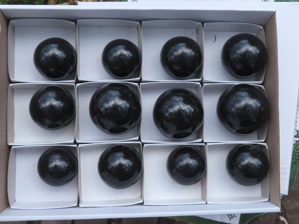 Polished Black Basalt Spheres (Heat Stable for therapy) x 12 From Madagascar - TopRock