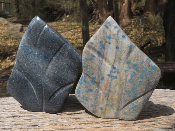 Polished Blue Spotted Spinel Quartz Standing Leaf Sculptures  x 2 From Madagascar - TopRock