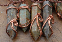 Polished Serpentine Crystals Set In Copper Art Wire Wrap Pendant - sold per piece - From Barberton, South Africa - TopRock