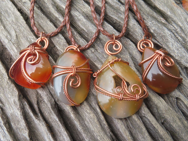 Polished Selected Carnelian Jewellery Free Forms set with Wire Wrap Copper Art Pendant & braided Thong - Sold per Piece - From Madagascar - TopRock