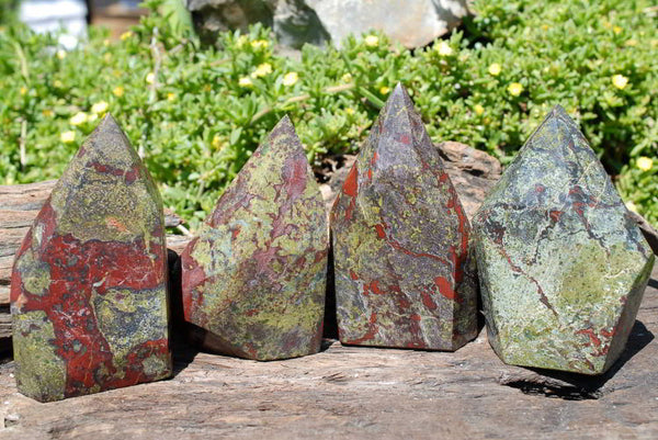 Polished Dragon Bloodstone (Bastite: Epidote, Piedmontite) Crystal Points x 4 From Tshipise, South Africa - TopRock