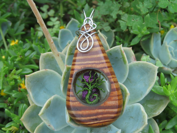 Polished Zebra Wood Pendant With Purpurite Centre & Tree Of Life - sold per piece From South Africa - TopRock