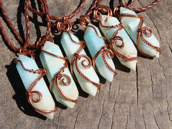 Polished Double Terminated Smithsonite Crystals Set In Copper Art Wire Wrap Pendant - sold per piece From South Africa - TopRock