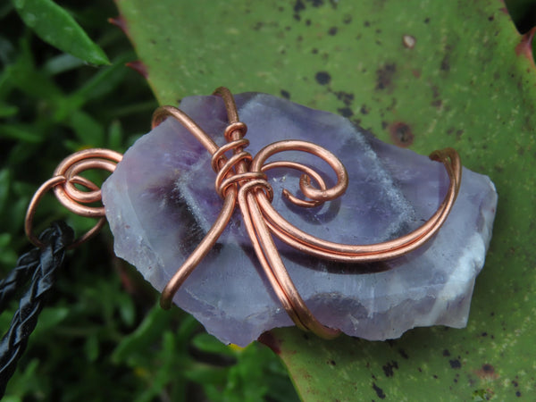 Polished Amethyst Chevron Crystal Slices Set In Copper Art Wire Wrap With Thong -  x Sold per piece From Zambia - TopRock