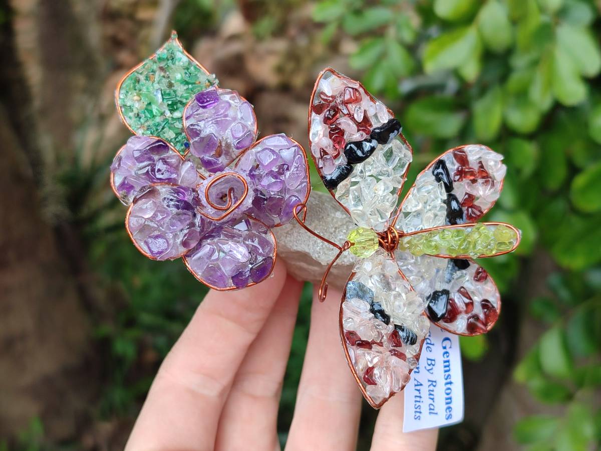 Hand Made Medium Gemstone Butterfly With Rose - Pink Red White - sold per piece From South Africa - Toprock Gemstones and Minerals 