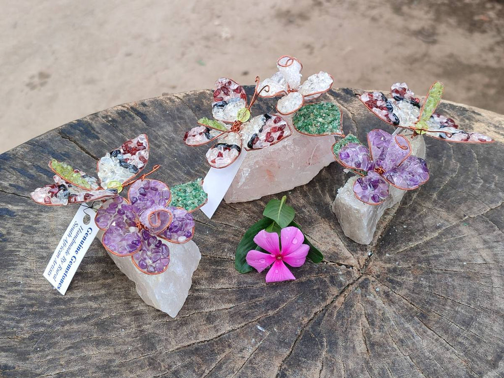 Hand Made Medium Gemstone Butterfly With Rose - Pink Red White - sold per piece From South Africa - Toprock Gemstones and Minerals 