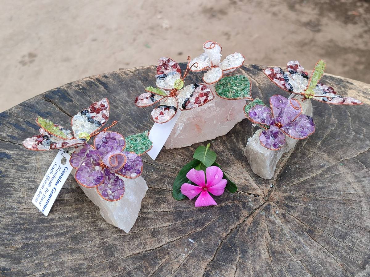 Hand Made Medium Gemstone Butterfly With Rose - Pink Red White - sold per piece From South Africa - Toprock Gemstones and Minerals 