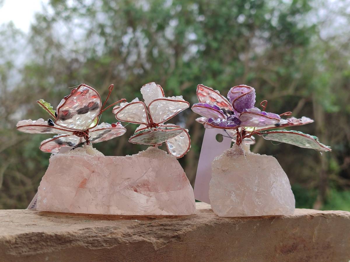 Hand Made Medium Gemstone Butterfly With Rose - Pink Red White - sold per piece From South Africa - Toprock Gemstones and Minerals 