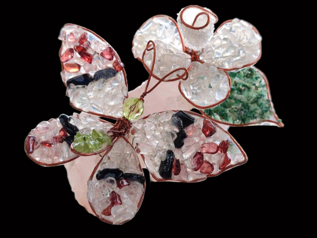 Hand Made Medium Gemstone Butterfly With Rose - Pink Red White - sold per piece From South Africa - Toprock Gemstones and Minerals 