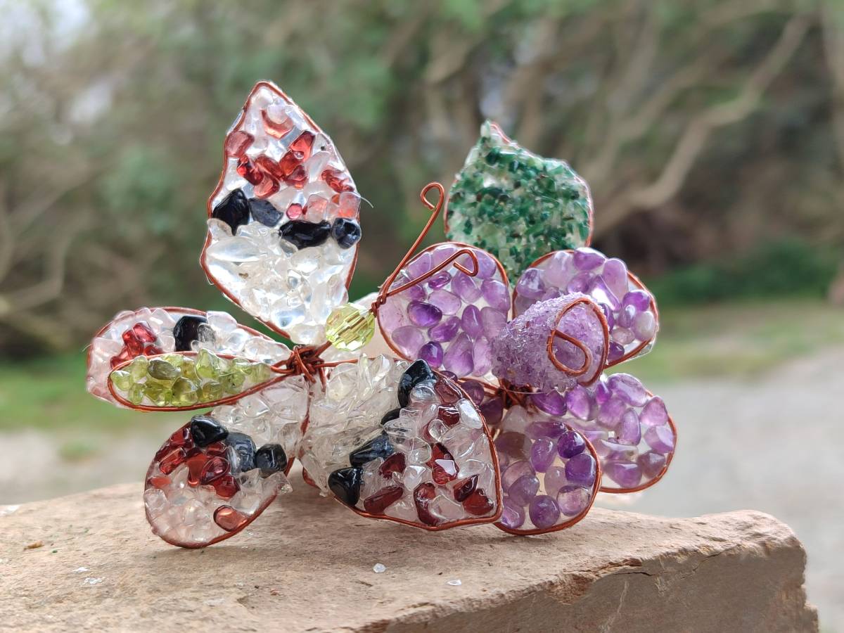 Hand Made Medium Gemstone Butterfly With Rose - Pink Red White - sold per piece From South Africa - Toprock Gemstones and Minerals 